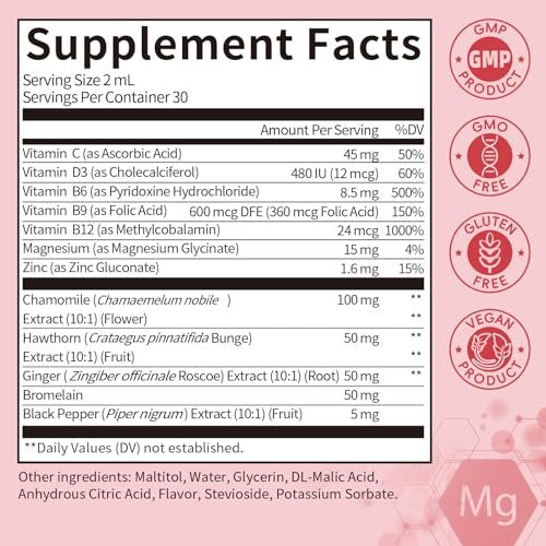 Magnesium Glycinat Flüssig Tropfen mit Kamille, Weißdorn & Ingwer – Stressabbau & Verdauungskomfort, Schnelle Absorption, Nicht-GMO, Vegan, Zuckerfrei, Erdbeergeschmack, 60 ml