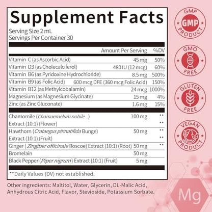 Magnesium Glycinat Flüssig Tropfen mit Kamille, Weißdorn & Ingwer – Stressabbau & Verdauungskomfort, Schnelle Absorption, Nicht-GMO, Vegan, Zuckerfrei, Erdbeergeschmack, 60 ml
