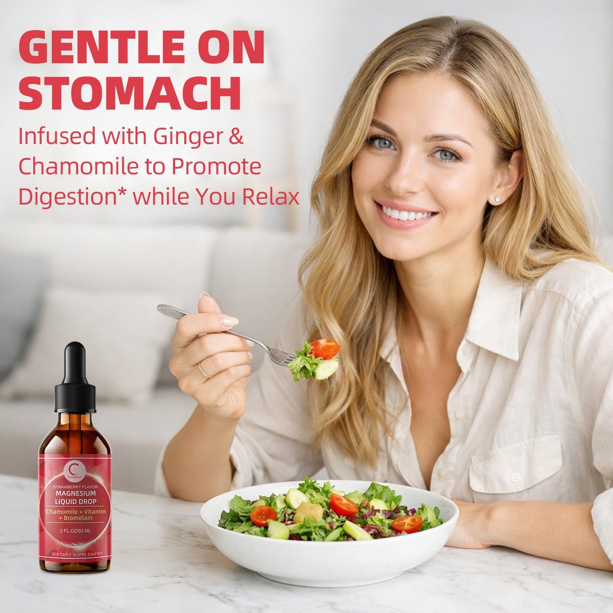 Magnesium Glycinat Flüssig Tropfen mit Kamille, Weißdorn & Ingwer – Stressabbau & Verdauungskomfort, Schnelle Absorption, Nicht-GMO, Vegan, Zuckerfrei, Erdbeergeschmack, 60 ml