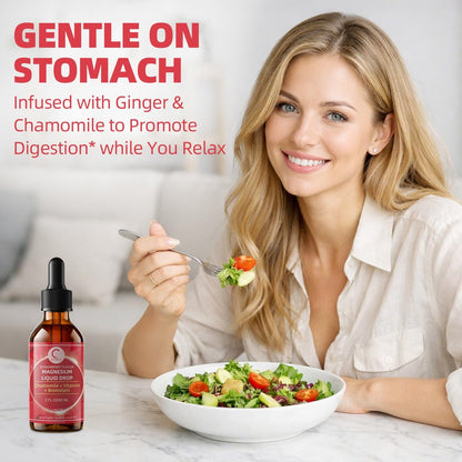 Magnesium Glycinat Flüssig Tropfen mit Kamille, Weißdorn & Ingwer – Stressabbau & Verdauungskomfort, Schnelle Absorption, Nicht-GMO, Vegan, Zuckerfrei, Erdbeergeschmack, 60 ml