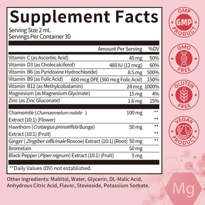 Magnesium Glycinat Flüssig Tropfen mit Kamille, Weißdorn & Ingwer – Stressabbau & Verdauungskomfort, Schnelle Absorption, Nicht-GMO, Vegan, Zuckerfrei, Erdbeergeschmack, 60 ml