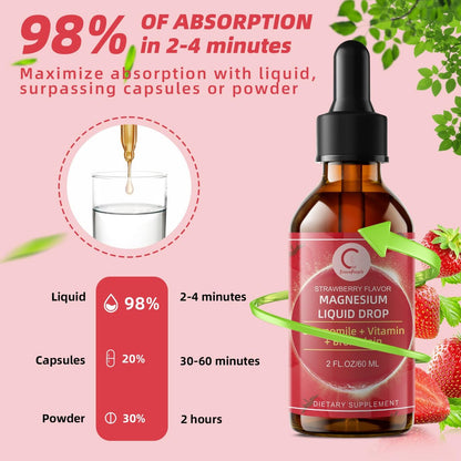 Magnesium Glycinat Flüssig Tropfen mit Kamille, Weißdorn & Ingwer – Stressabbau & Verdauungskomfort, Schnelle Absorption, Nicht-GMO, Vegan, Zuckerfrei, Erdbeergeschmack, 60 ml
