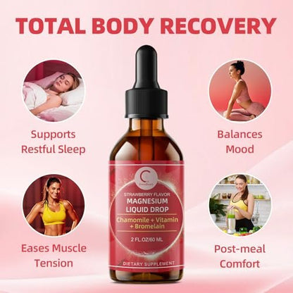 Magnesium Glycinat Flüssig Tropfen mit Kamille, Weißdorn & Ingwer – Stressabbau & Verdauungskomfort, Schnelle Absorption, Nicht-GMO, Vegan, Zuckerfrei, Erdbeergeschmack, 60 ml