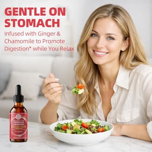 Magnesium Glycinat Flüssig Tropfen mit Kamille, Weißdorn & Ingwer – Stressabbau & Verdauungskomfort, Schnelle Absorption, Nicht-GMO, Vegan, Zuckerfrei, Erdbeergeschmack, 60 ml