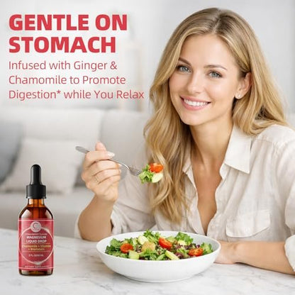 Magnesium Glycinat Flüssig Tropfen mit Kamille, Weißdorn & Ingwer – Stressabbau & Verdauungskomfort, Schnelle Absorption, Nicht-GMO, Vegan, Zuckerfrei, Erdbeergeschmack, 60 ml
