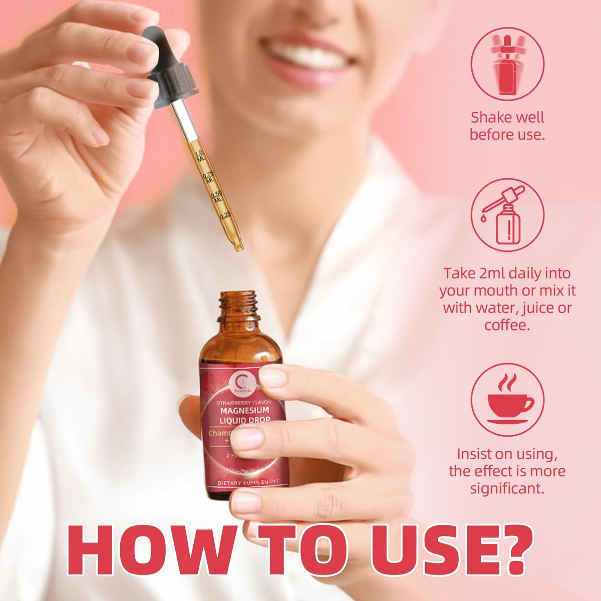 Magnesium Glycinat Flüssig Tropfen mit Kamille, Weißdorn & Ingwer – Stressabbau & Verdauungskomfort, Schnelle Absorption, Nicht-GMO, Vegan, Zuckerfrei, Erdbeergeschmack, 60 ml