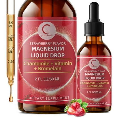 Magnesium Glycinat Flüssig Tropfen mit Kamille, Weißdorn & Ingwer – Stressabbau & Verdauungskomfort, Schnelle Absorption, Nicht-GMO, Vegan, Zuckerfrei, Erdbeergeschmack, 60 ml