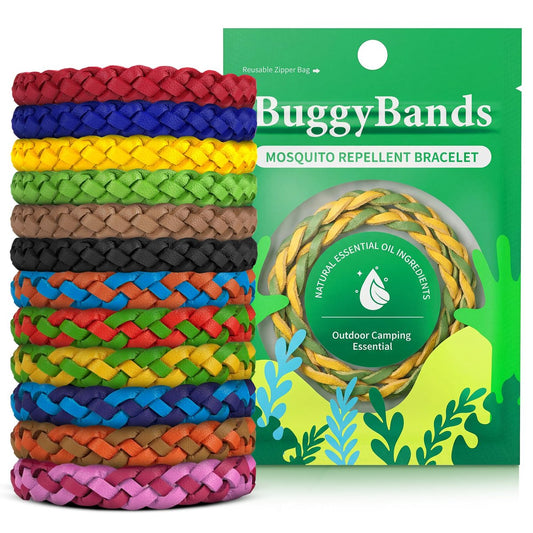 BuggyBands 24er Pack Mückenarmbänder für Erwachsene & Kinder – DEET-frei, einzeln verpackt, verstellbare PU-Leder-Armbänder gegen Insekten