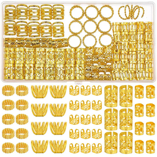 Tuefuzy 110-teiliger Gold-Haarschmuck für Zöpfe und Dreadlocks – Metallringe, Manschetten, Clips – Goldgelb