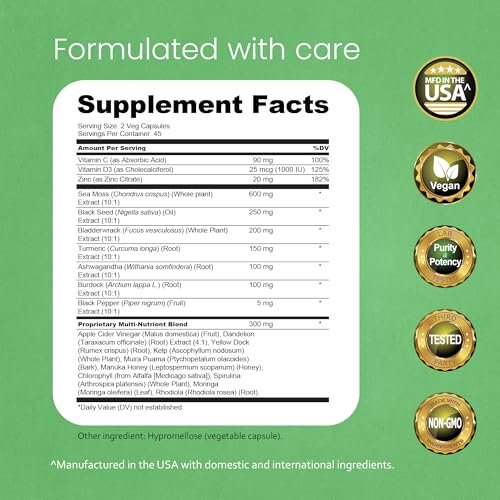 Sea Moss, Schwarzkümmelöl, Blasentang, Kurkuma, Ashwagandha, Klette, Vitamin C, D3, Gelbwurzel, Manuka, Löwenzahn – 90 vegane Kapseln