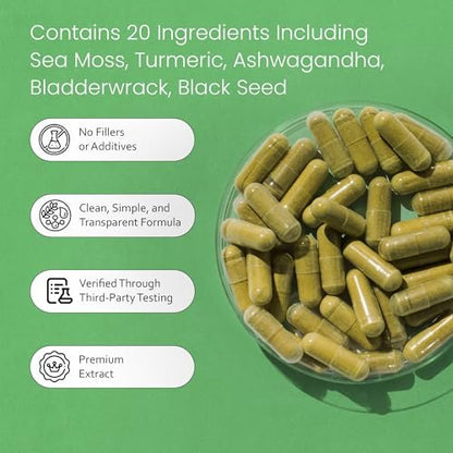 Sea Moss, Schwarzkümmelöl, Blasentang, Kurkuma, Ashwagandha, Klette, Vitamin C, D3, Gelbwurzel, Manuka, Löwenzahn – 90 vegane Kapseln