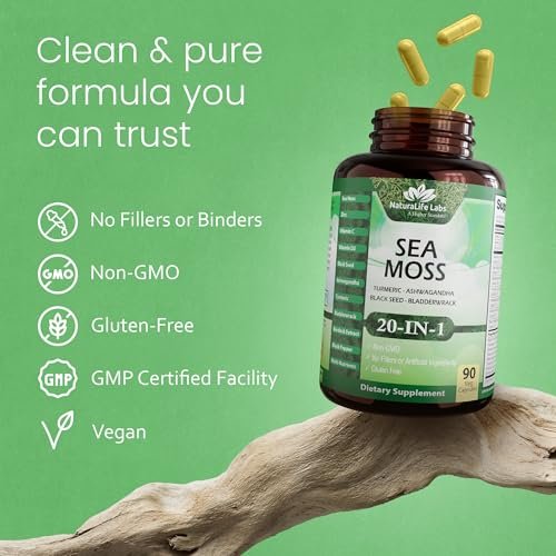 Sea Moss, Schwarzkümmelöl, Blasentang, Kurkuma, Ashwagandha, Klette, Vitamin C, D3, Gelbwurzel, Manuka, Löwenzahn – 90 vegane Kapseln
