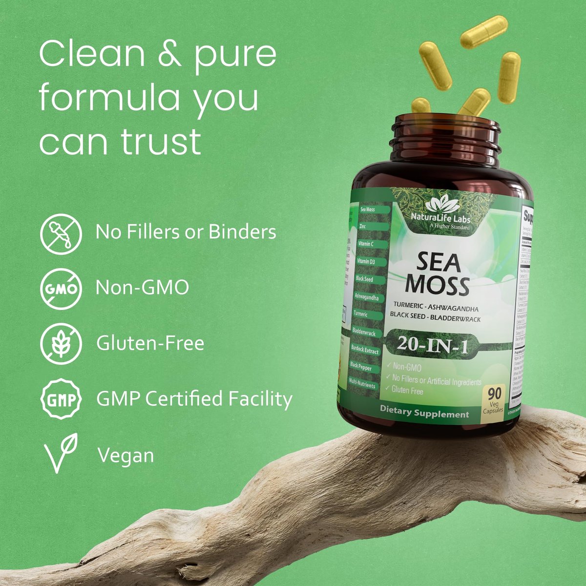 Sea Moss, Schwarzkümmelöl, Blasentang, Kurkuma, Ashwagandha, Klette, Vitamin C, D3, Gelbwurzel, Manuka, Löwenzahn – 90 vegane Kapseln