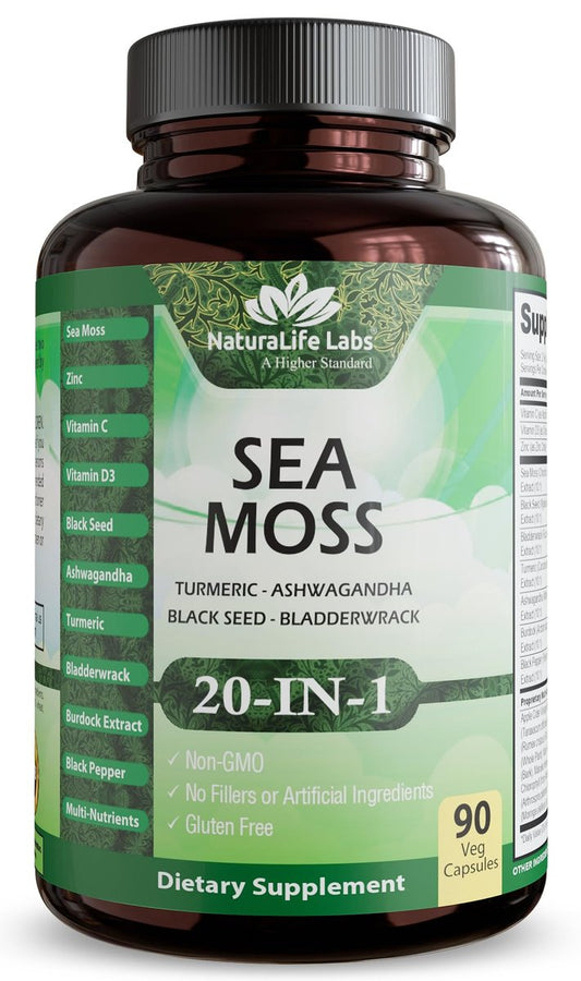 Sea Moss, Schwarzkümmelöl, Blasentang, Kurkuma, Ashwagandha, Klette, Vitamin C, D3, Gelbwurzel, Manuka, Löwenzahn – 90 vegane Kapseln