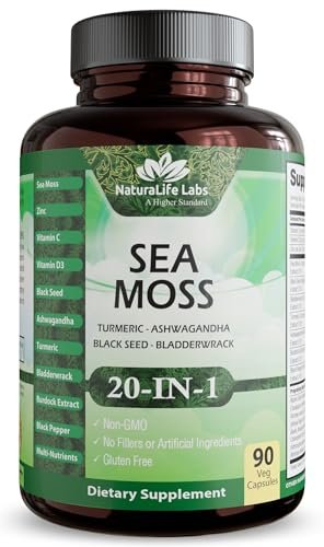 Sea Moss, Schwarzkümmelöl, Blasentang, Kurkuma, Ashwagandha, Klette, Vitamin C, D3, Gelbwurzel, Manuka, Löwenzahn – 90 vegane Kapseln