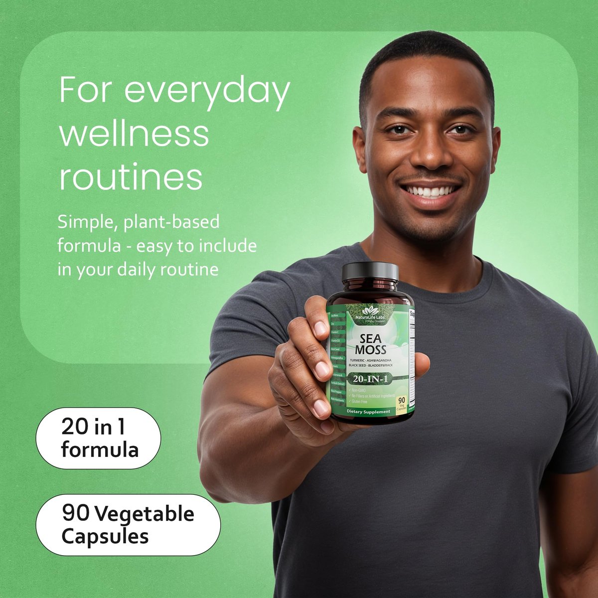 Sea Moss, Schwarzkümmelöl, Blasentang, Kurkuma, Ashwagandha, Klette, Vitamin C, D3, Gelbwurzel, Manuka, Löwenzahn – 90 vegane Kapseln