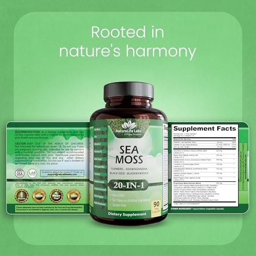 Sea Moss, Schwarzkümmelöl, Blasentang, Kurkuma, Ashwagandha, Klette, Vitamin C, D3, Gelbwurzel, Manuka, Löwenzahn – 90 vegane Kapseln