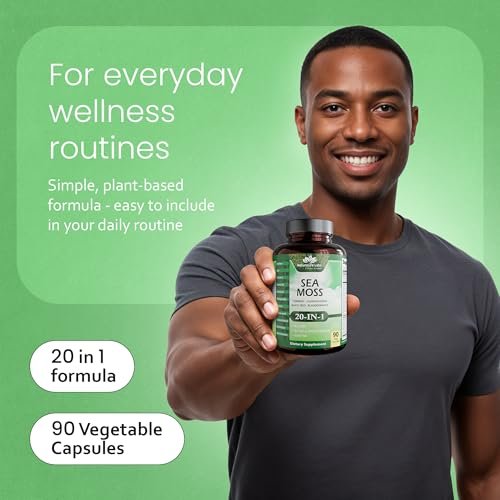 Sea Moss, Schwarzkümmelöl, Blasentang, Kurkuma, Ashwagandha, Klette, Vitamin C, D3, Gelbwurzel, Manuka, Löwenzahn – 90 vegane Kapseln