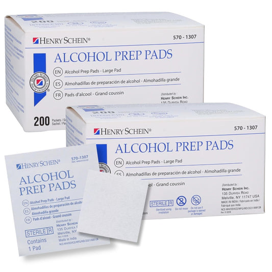 Henry Schein Große Alkohol-Vorbereitungspads (2 Boxen, 400 Stück) – 70% Isopropylalkohol-Tücher, einzeln verpackt – 2-lagig, strukturiert – Hautvorbereitung – sterile Pads