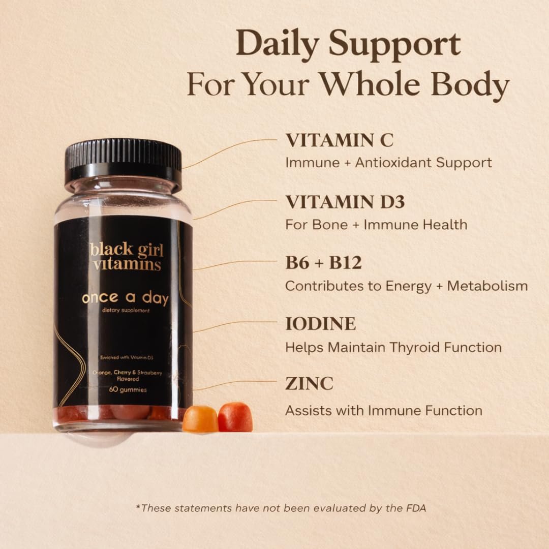 Black Girl Vitamins Einmal täglich – Vegane Multi-Vitamin-Gummis für Frauen mit Vitamin A, B, C, E und Zink – Immununterstützung – 60 Stück (30-Tage-Vorrat, Erdbeergeschmack)