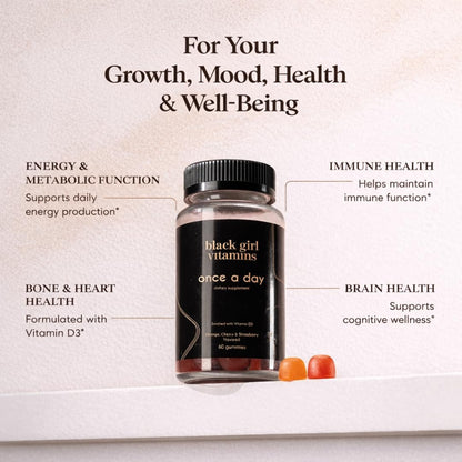 Black Girl Vitamins Einmal täglich – Vegane Multi-Vitamin-Gummis für Frauen mit Vitamin A, B, C, E und Zink – Immununterstützung – 60 Stück (30-Tage-Vorrat, Erdbeergeschmack)