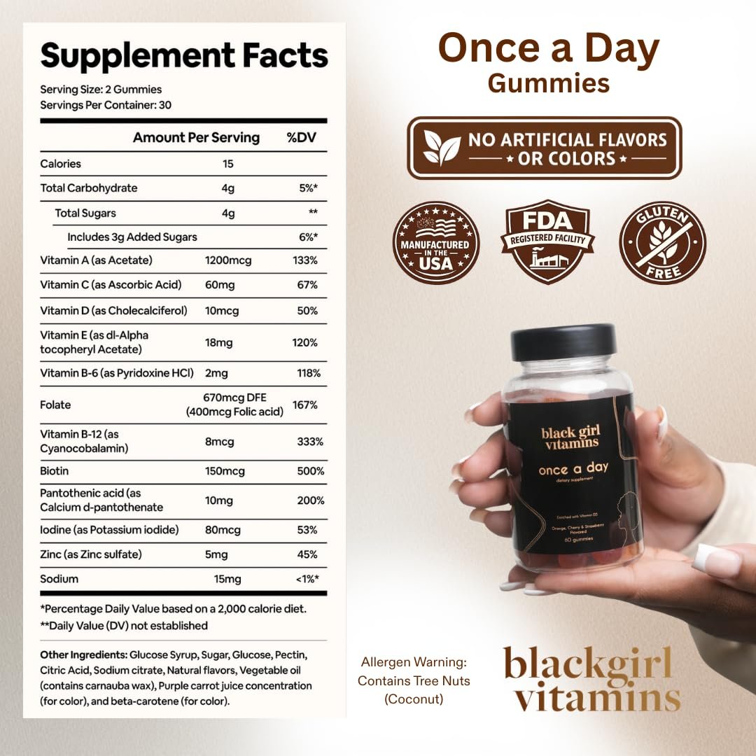 Black Girl Vitamins Einmal täglich – Vegane Multi-Vitamin-Gummis für Frauen mit Vitamin A, B, C, E und Zink – Immununterstützung – 60 Stück (30-Tage-Vorrat, Erdbeergeschmack)