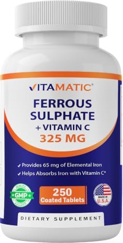 Vitamatic Eisen 325 mg mit Vitamin C 100 mg (65 mg elementares Eisen) – Hochdosiertes Eisenpräparat – Ohne künstliche Farben – 250 überzogene Tabletten, hergestellt in den USA