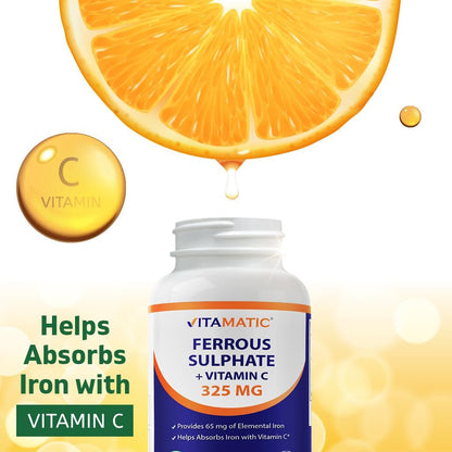 Vitamatic Eisen 325 mg mit Vitamin C 100 mg (65 mg elementares Eisen) – Hochdosiertes Eisenpräparat – Ohne künstliche Farben – 250 überzogene Tabletten, hergestellt in den USA