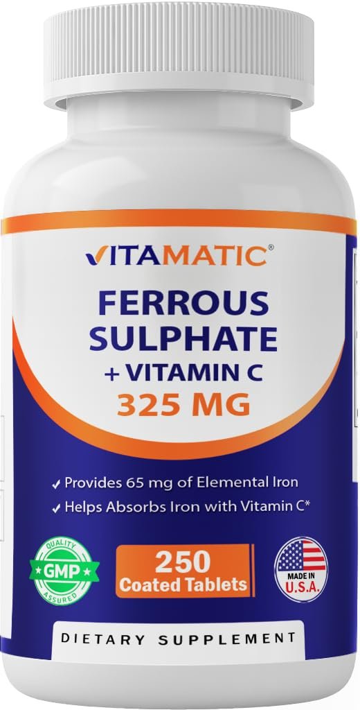 Vitamatic Eisen 325 mg mit Vitamin C 100 mg (65 mg elementares Eisen) – Hochdosiertes Eisenpräparat – Ohne künstliche Farben – 250 überzogene Tabletten, hergestellt in den USA