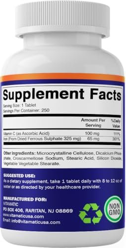 Vitamatic Eisen 325 mg mit Vitamin C 100 mg (65 mg elementares Eisen) – Hochdosiertes Eisenpräparat – Ohne künstliche Farben – 250 überzogene Tabletten, hergestellt in den USA