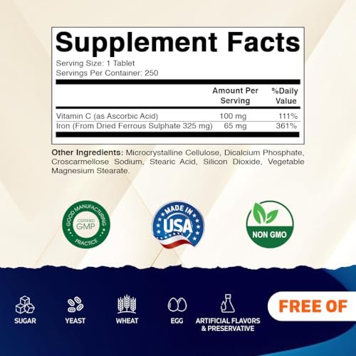 Vitamatic Eisen 325 mg mit Vitamin C 100 mg (65 mg elementares Eisen) – Hochdosiertes Eisenpräparat – Ohne künstliche Farben – 250 überzogene Tabletten, hergestellt in den USA