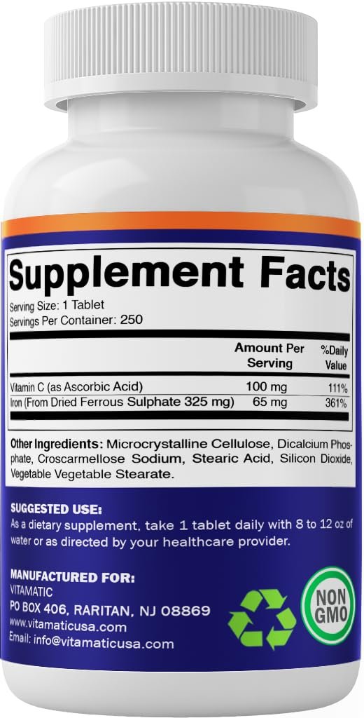 Vitamatic Eisen 325 mg mit Vitamin C 100 mg (65 mg elementares Eisen) – Hochdosiertes Eisenpräparat – Ohne künstliche Farben – 250 überzogene Tabletten, hergestellt in den USA