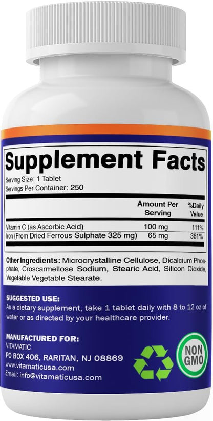 Vitamatic Eisen 325 mg mit Vitamin C 100 mg (65 mg elementares Eisen) – Hochdosiertes Eisenpräparat – Ohne künstliche Farben – 250 überzogene Tabletten, hergestellt in den USA