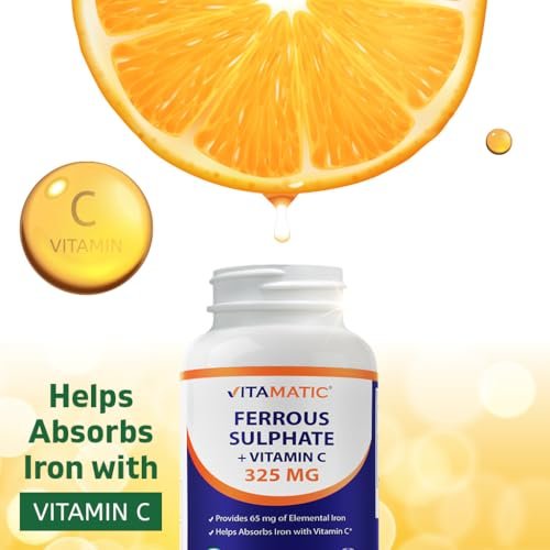 Vitamatic Eisen 325 mg mit Vitamin C 100 mg (65 mg elementares Eisen) – Hochdosiertes Eisenpräparat – Ohne künstliche Farben – 250 überzogene Tabletten, hergestellt in den USA