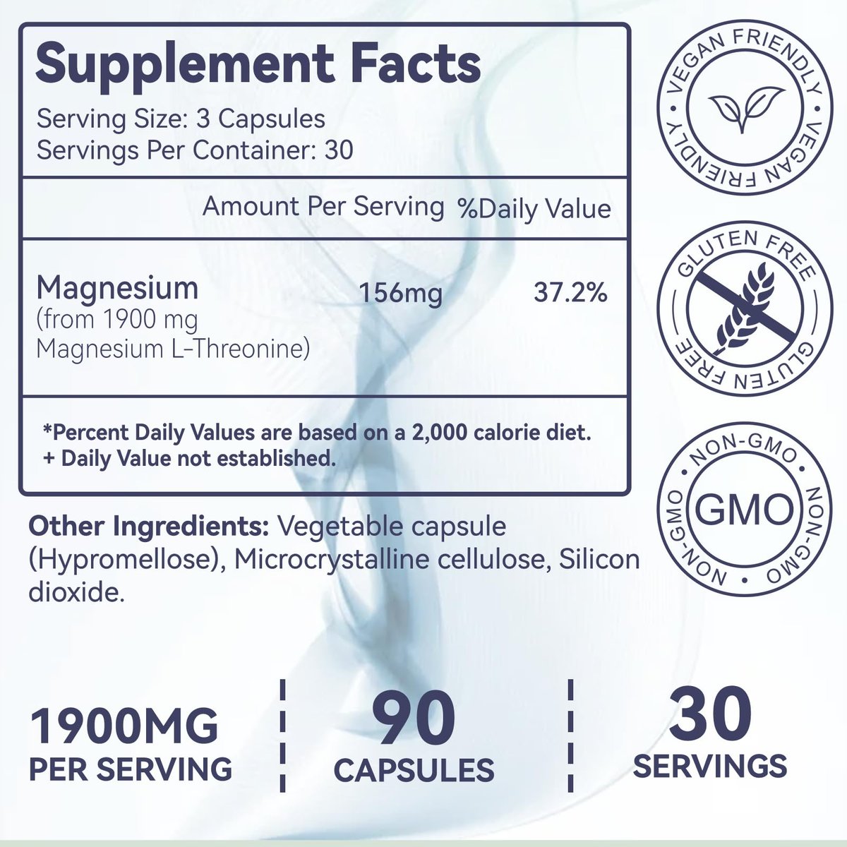 Magnesium L-Threonin Kapseln, Hochdosiert 1900 mg, 90 vegane Kapseln, Glutenfrei, Hohe Bioverfügbarkeit