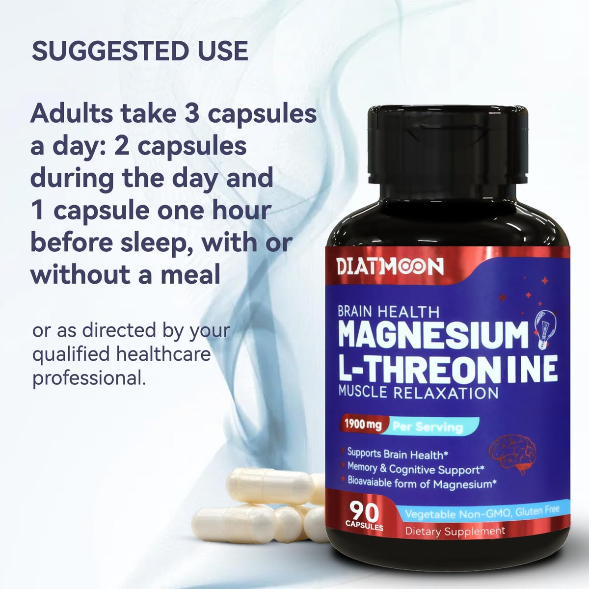 Magnesium L-Threonin Kapseln, Hochdosiert 1900 mg, 90 vegane Kapseln, Glutenfrei, Hohe Bioverfügbarkeit