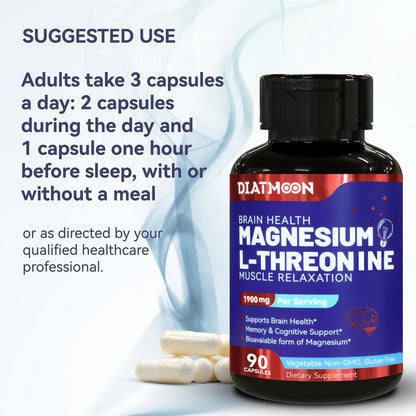 Magnesium L-Threonin Kapseln, Hochdosiert 1900 mg, 90 vegane Kapseln, Glutenfrei, Hohe Bioverfügbarkeit