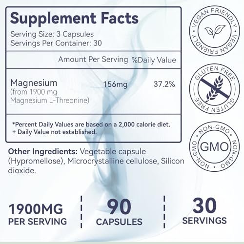Magnesium L-Threonin Kapseln, Hochdosiert 1900 mg, 90 vegane Kapseln, Glutenfrei, Hohe Bioverfügbarkeit