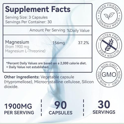 Magnesium L-Threonin Kapseln, Hochdosiert 1900 mg, 90 vegane Kapseln, Glutenfrei, Hohe Bioverfügbarkeit