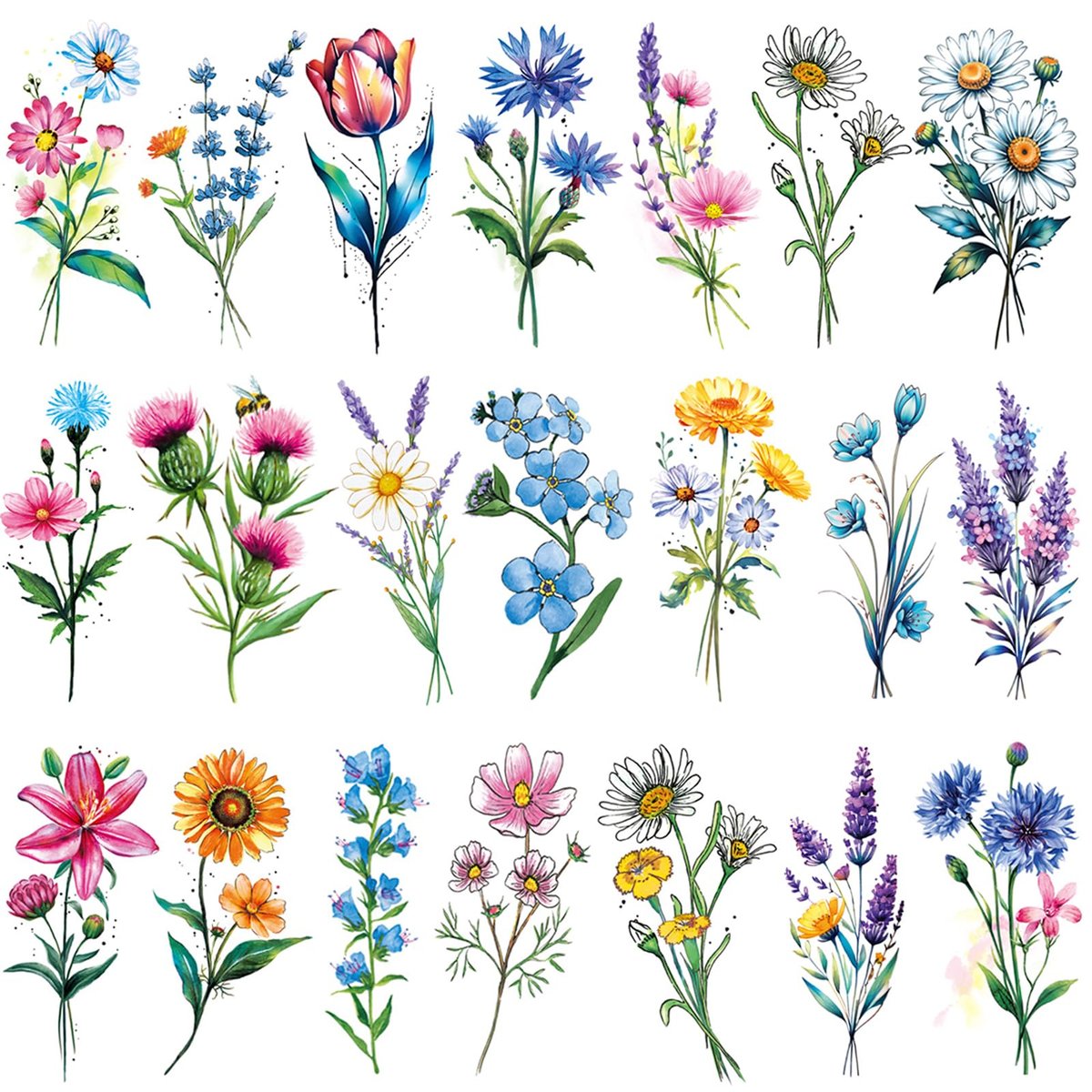 Tazimi 20 Blatt 3D Wasserfarben Blumen Temporäre Tattoos für Frauen Mädchen - Lily, Gänseblümchen, Lavendel, Löwenzahn, Rose - Kleine florale Tattoo Aufkleber, realistisch, langanhaltend