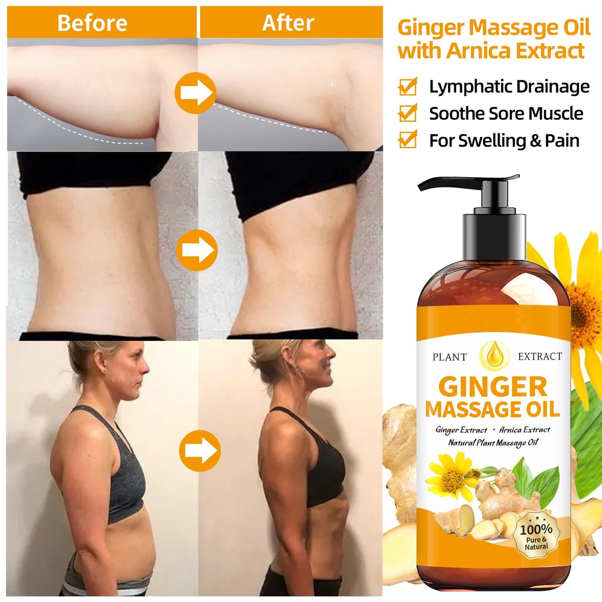 Ingweröl Massageöl für Massagetherapie, Ingweröl Lymphdrainage, Muskelkater Massageöl, Natürliches Ingwer Körperöl für Gua Sha Massage mit Arnikaöl - Wärmend, Entspannend, Beruhigend für die Muskeln