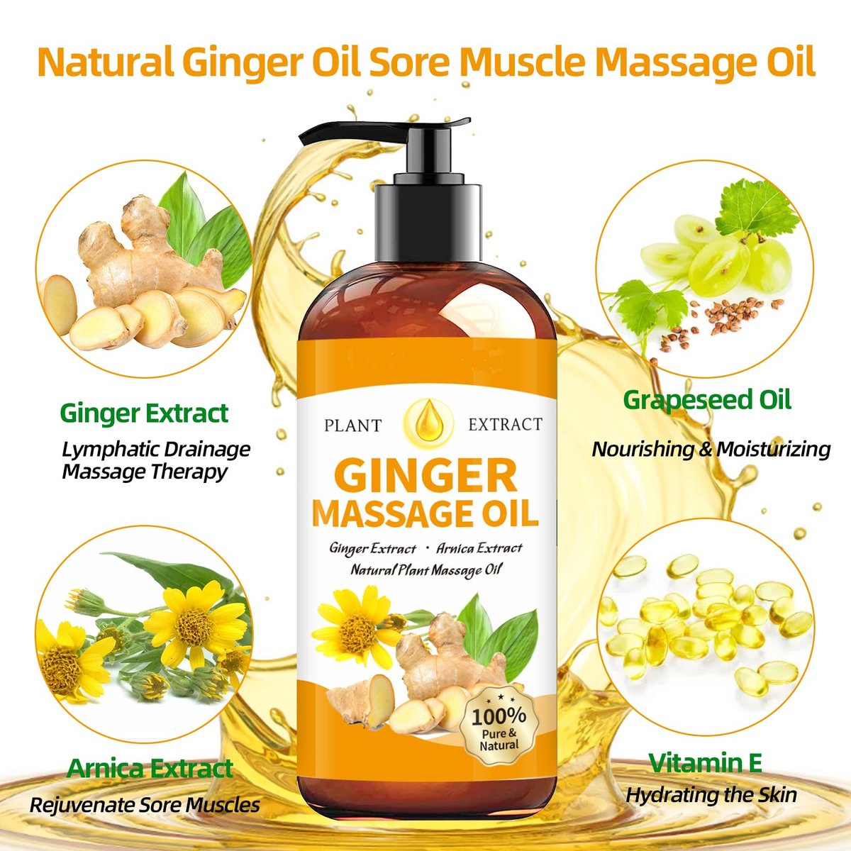 Ingweröl Massageöl für Massagetherapie, Ingweröl Lymphdrainage, Muskelkater Massageöl, Natürliches Ingwer Körperöl für Gua Sha Massage mit Arnikaöl - Wärmend, Entspannend, Beruhigend für die Muskeln