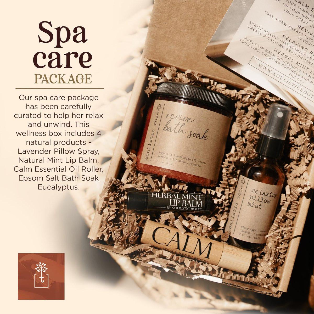 SOULISTIC ROOT Self-Care Set – Luxus Spa-Bad-Set für zu Hause, Kissen-Spray, kühlender Lippenbalsam, beruhigendes ätherisches Öl-Roller & Badesalz-Paket, ganzheitliches Geschenk für Ihn & Sie