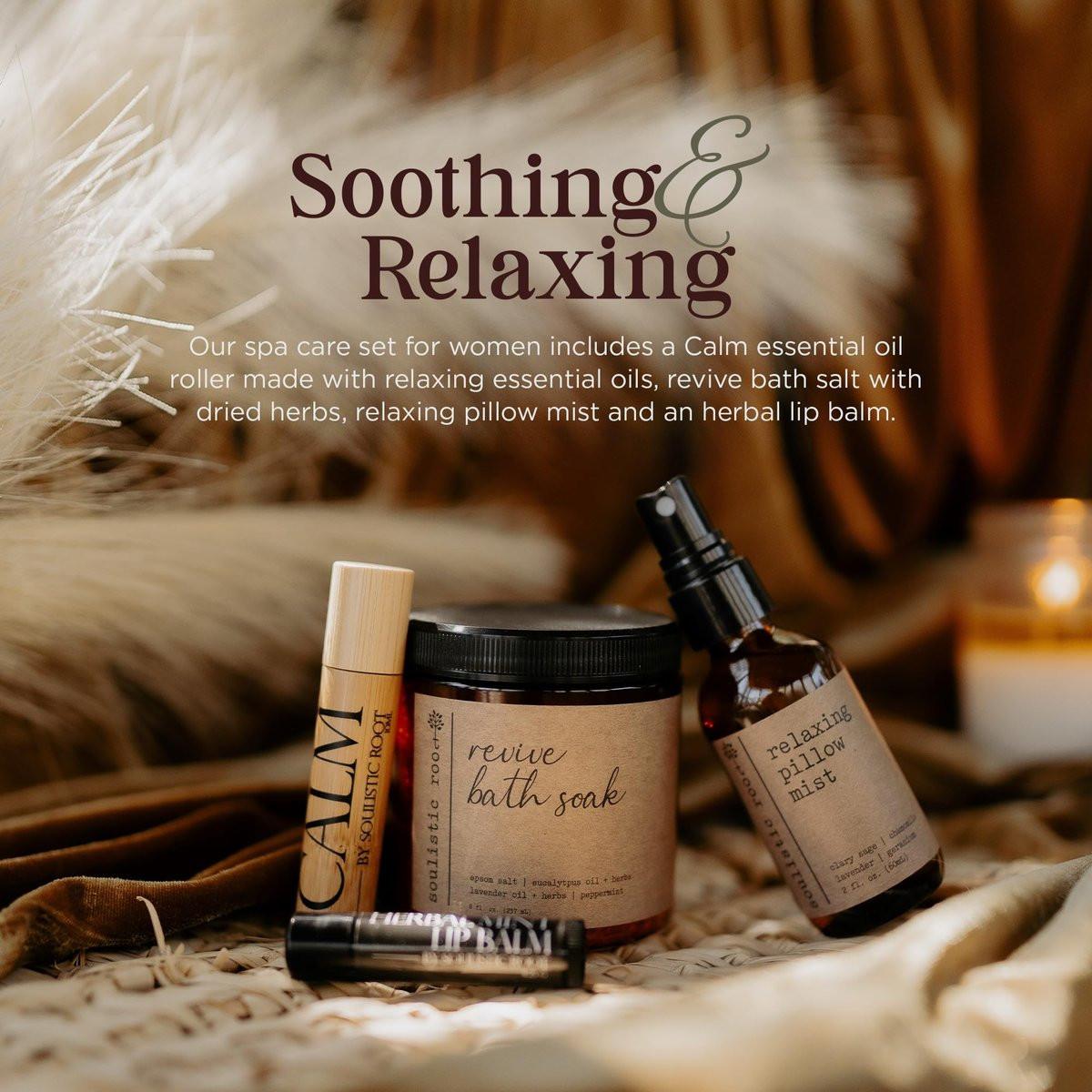 SOULISTIC ROOT Self-Care Set – Luxus Spa-Bad-Set für zu Hause, Kissen-Spray, kühlender Lippenbalsam, beruhigendes ätherisches Öl-Roller & Badesalz-Paket, ganzheitliches Geschenk für Ihn & Sie