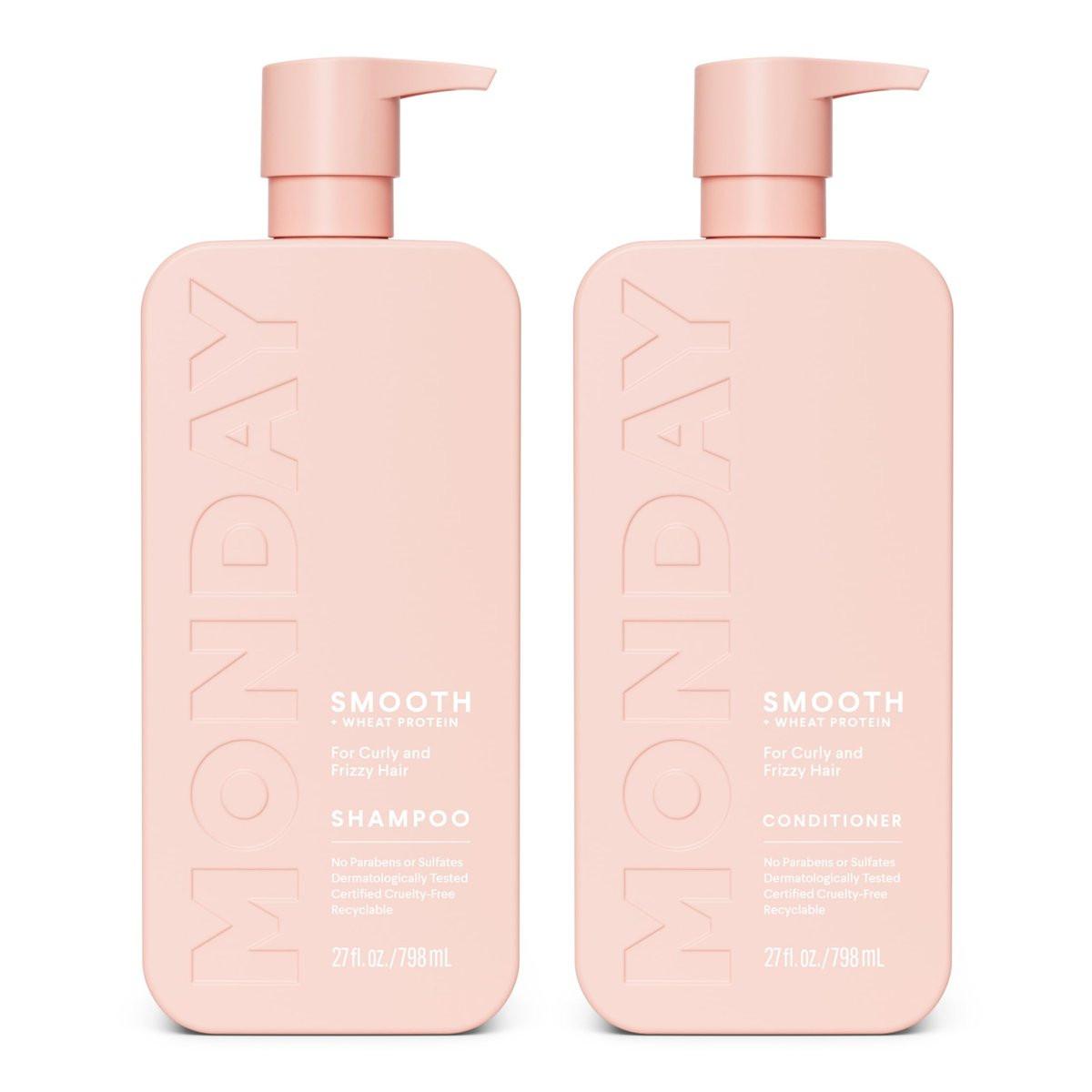 MONDAY HAIRCARE Glättendes Shampoo + Conditioner Set (2er-Pack) 27 oz je Flasche – Für krauses, grobes & lockiges Haar mit Kokosöl, Sheabutter & Vitamin E – 100% recycelbare Flasche – Pink