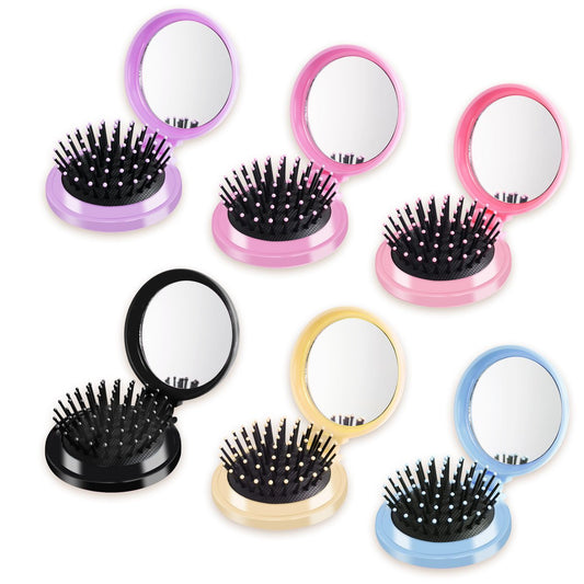 6 Mini Haarbürsten Set – Kompakte Reisebürsten mit Spiegel, Haarmassagebürste für Frauen und Mädchen, 6 Farben