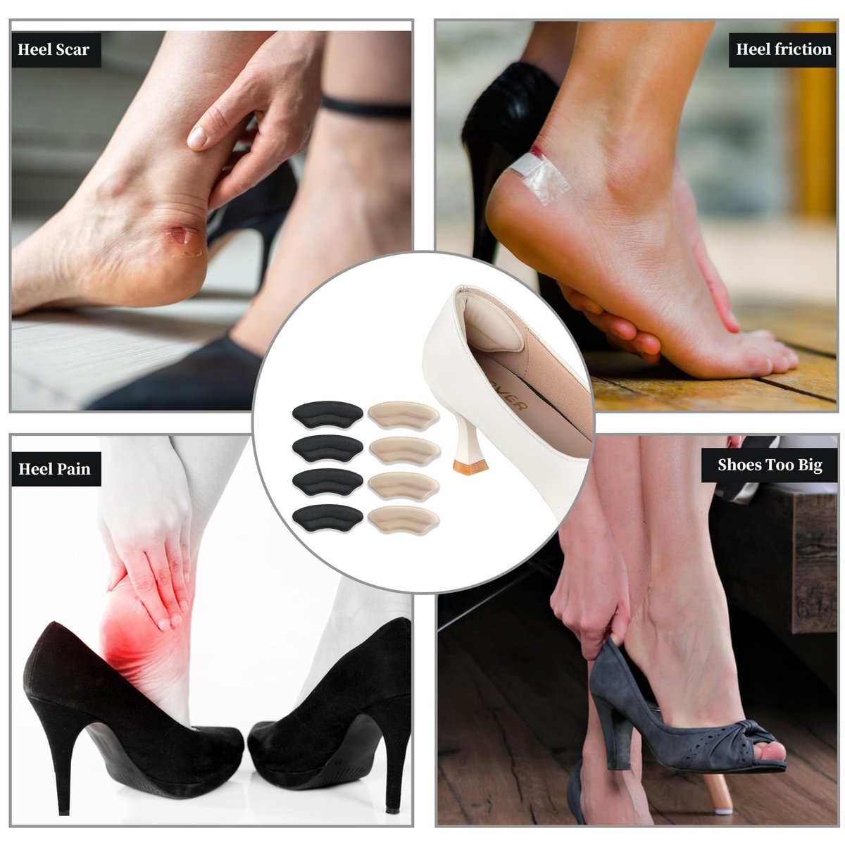Fersenpolster für Schuhe – Weiche und flexible Fersenkissen für zu große Schuhe, Schmerzlinderung für Damen und Herren, verbesserte Passform und Komfort, 4 Paare