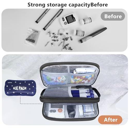 suzamed Insulin Kühlbox Reiseetui – Doppelschichtige Medikamententasche für Diabetiker, Tragbarer Medikamentenorganizer mit 2x 150g Kühlakkus, TSA-geprüft für Insulinpens & Zubehör (Schwarz)