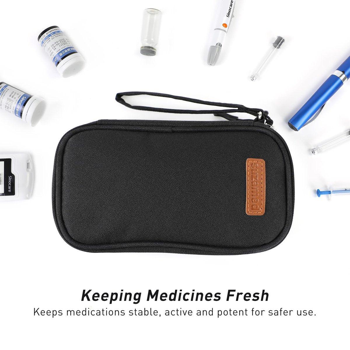 suzamed Insulin Kühlbox Reiseetui – Doppelschichtige Medikamententasche für Diabetiker, Tragbarer Medikamentenorganizer mit 2x 150g Kühlakkus, TSA-geprüft für Insulinpens & Zubehör (Schwarz)