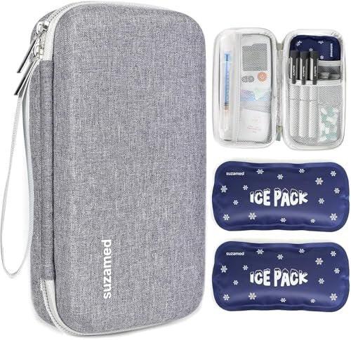 suzamed Insulin Kühlbox Reiseetui – EVA Isolierte Tasche mit 2 Kühlakkus für Diabetes Pflege, Insulin Pen & Zubehör (Grau, Groß)